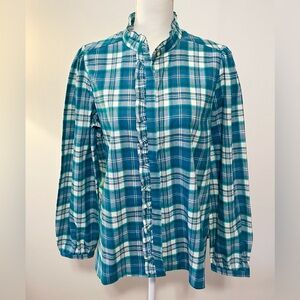 NWT Ann Taylor LOFT Cotton Plaid Flannel Shirt. Ruffle Detail, Green/White Sz L